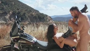 Babes: Brunette Ashley Adams reverse cowgirl outdoors